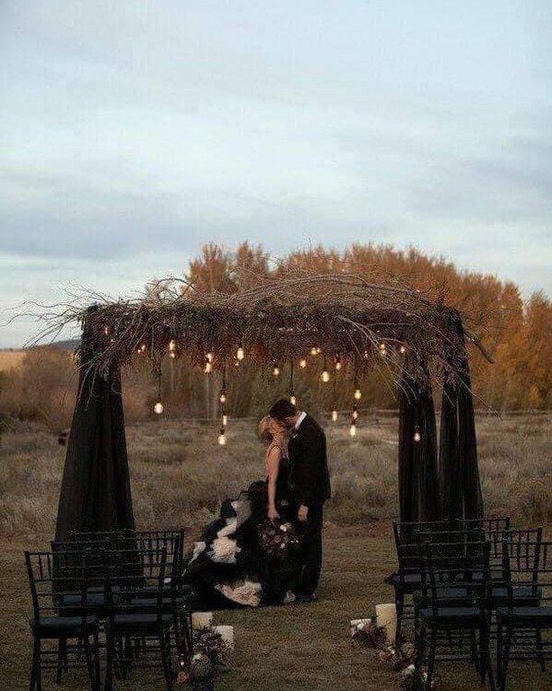 Couple in black wedding attire under a rustic branch arch with hanging lights.