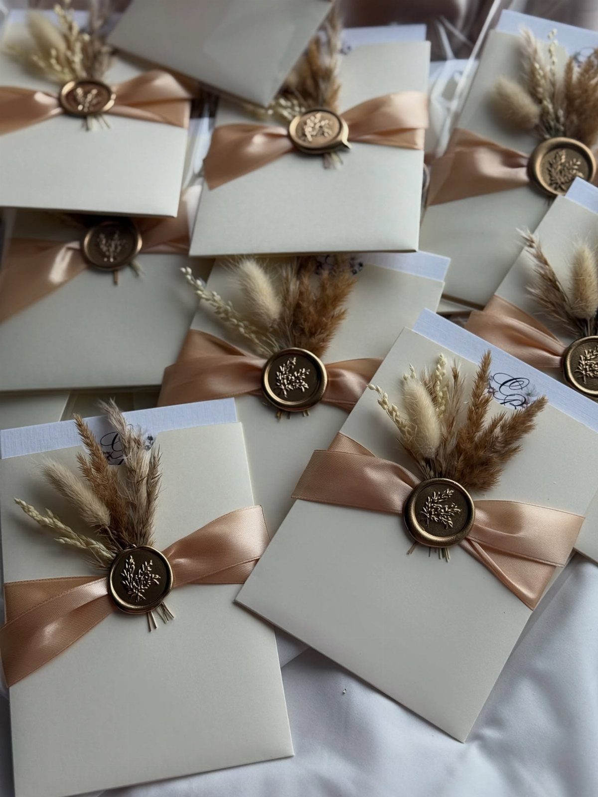 White wedding invitation cards with champagne ribbons, gold wax seals, and dried grass.