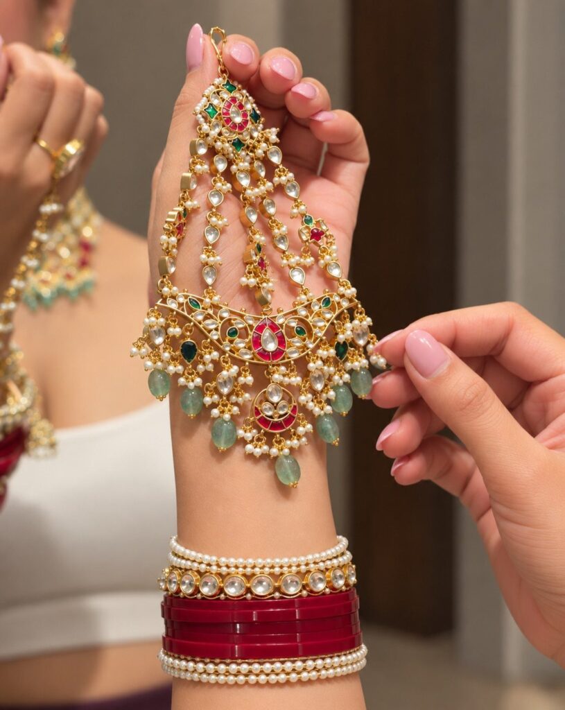 Ornate gold kundan maang tikka with red gems and green bead drops held by hand