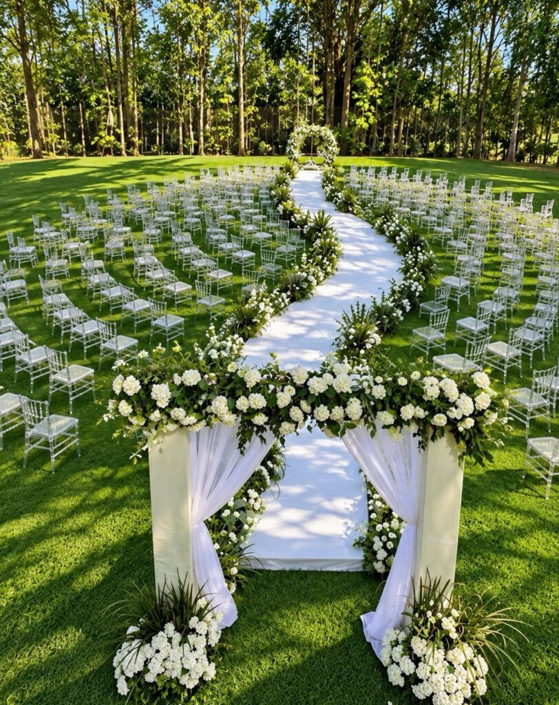 Outdoor wedding ceremony setup with white floral arches and clear chairs on green grass.