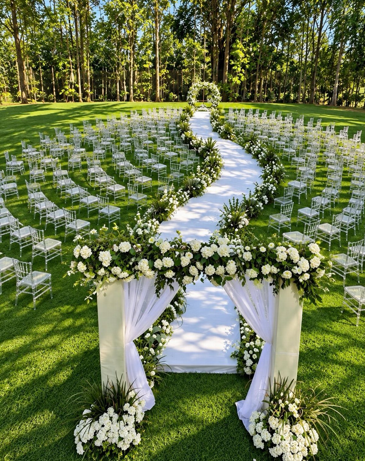 Outdoor wedding ceremony setup with white floral arches and clear chairs on green grass.