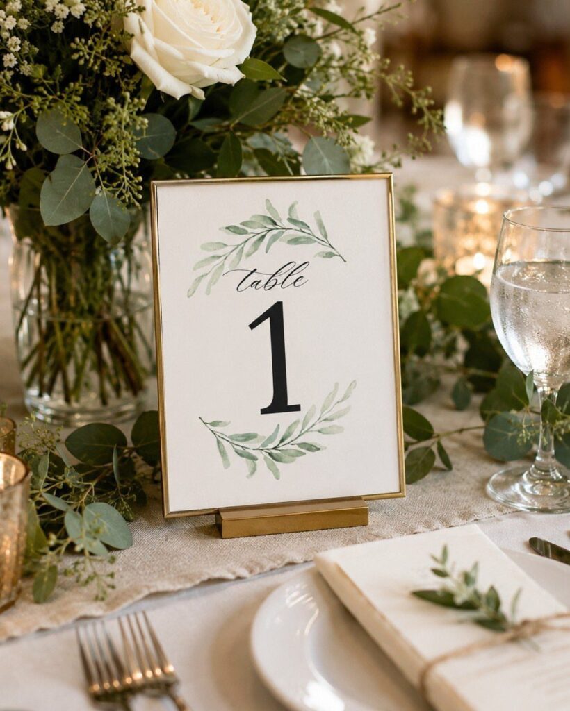 Gold framed table number one with leaf accents on a wedding table centerpiece