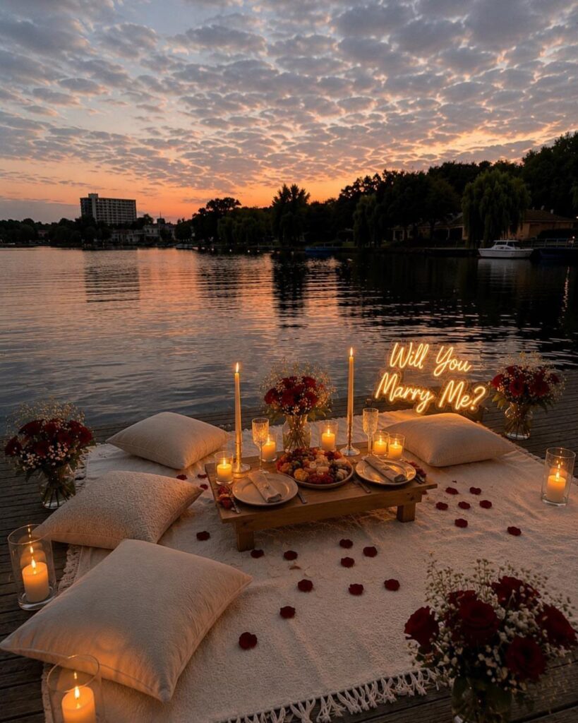Romantic lakeside picnic setup with white pillows, red roses, and a marriage proposal sign.