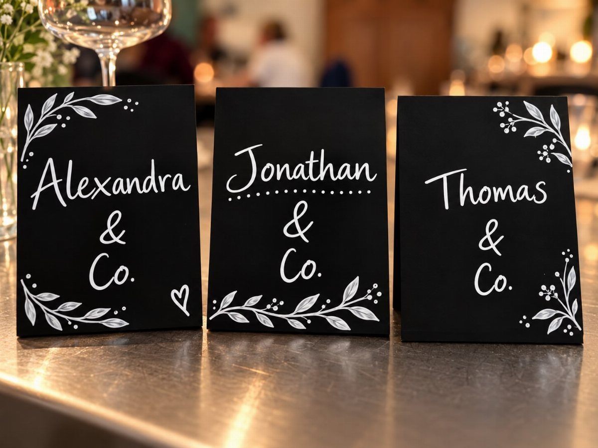 Three black chalkboard place cards with white cursive names and floral accents on table.