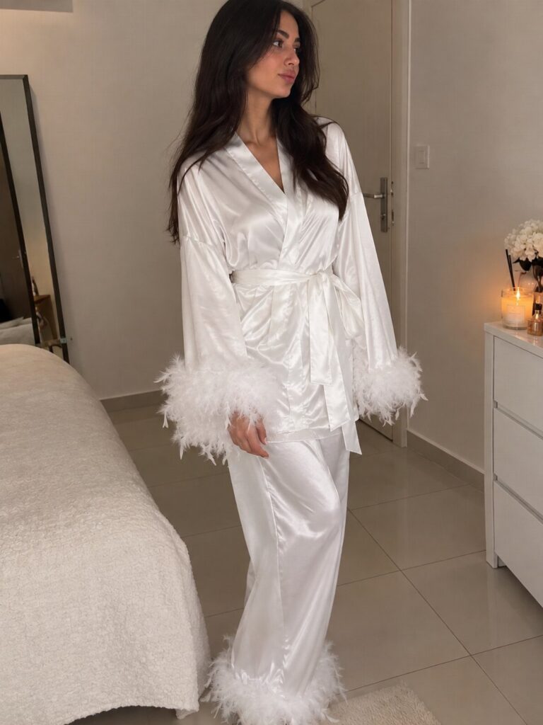 Woman wearing a white satin bridal robe and pants with faux-fur trim.