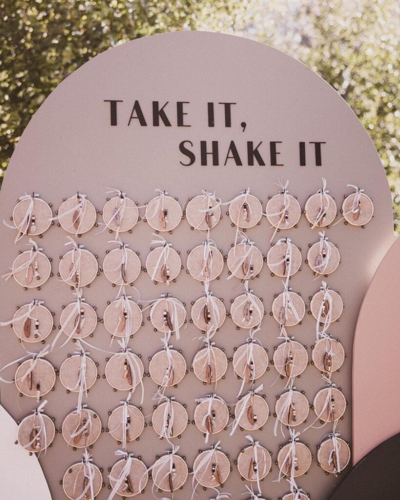 Pink arched board with wooden shaker discs and text Take It Shake It