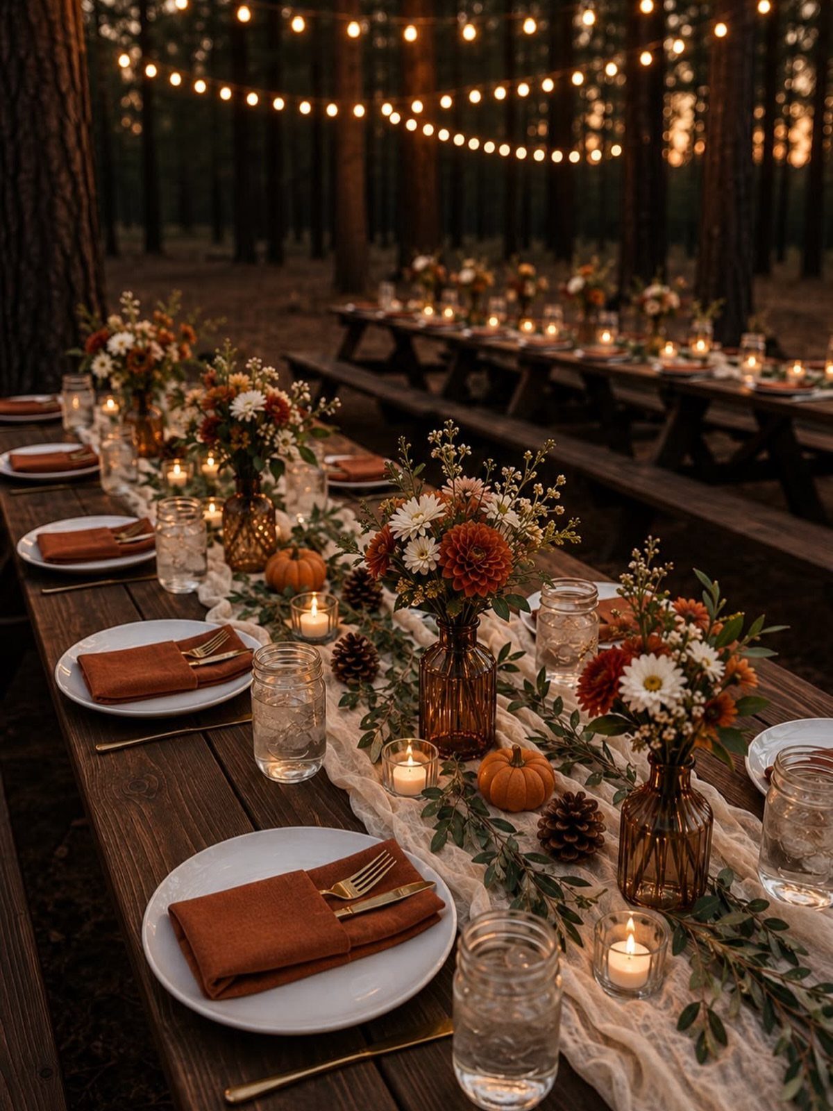 Wooden wedding table set with autumn flowers and candles in a forest setting