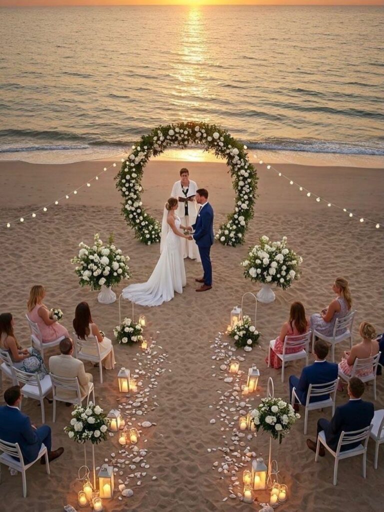 Wedding ceremony on a beach at sunset with a circular floral arch and guests.