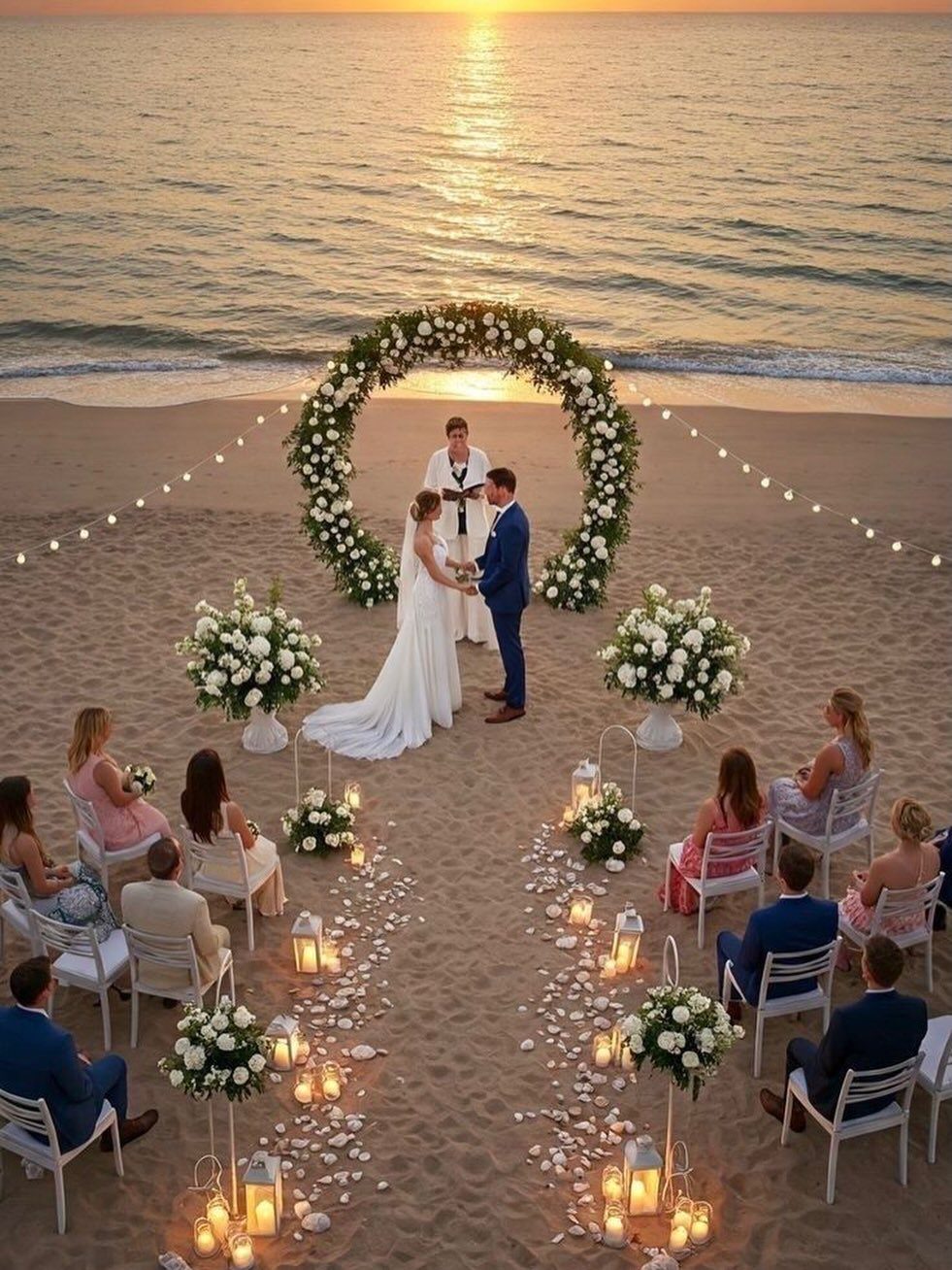 Wedding ceremony on a beach at sunset with a circular floral arch and guests.
