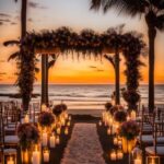 Wedding ceremony setup on a sandy beach with floral arch and candles at sunset
