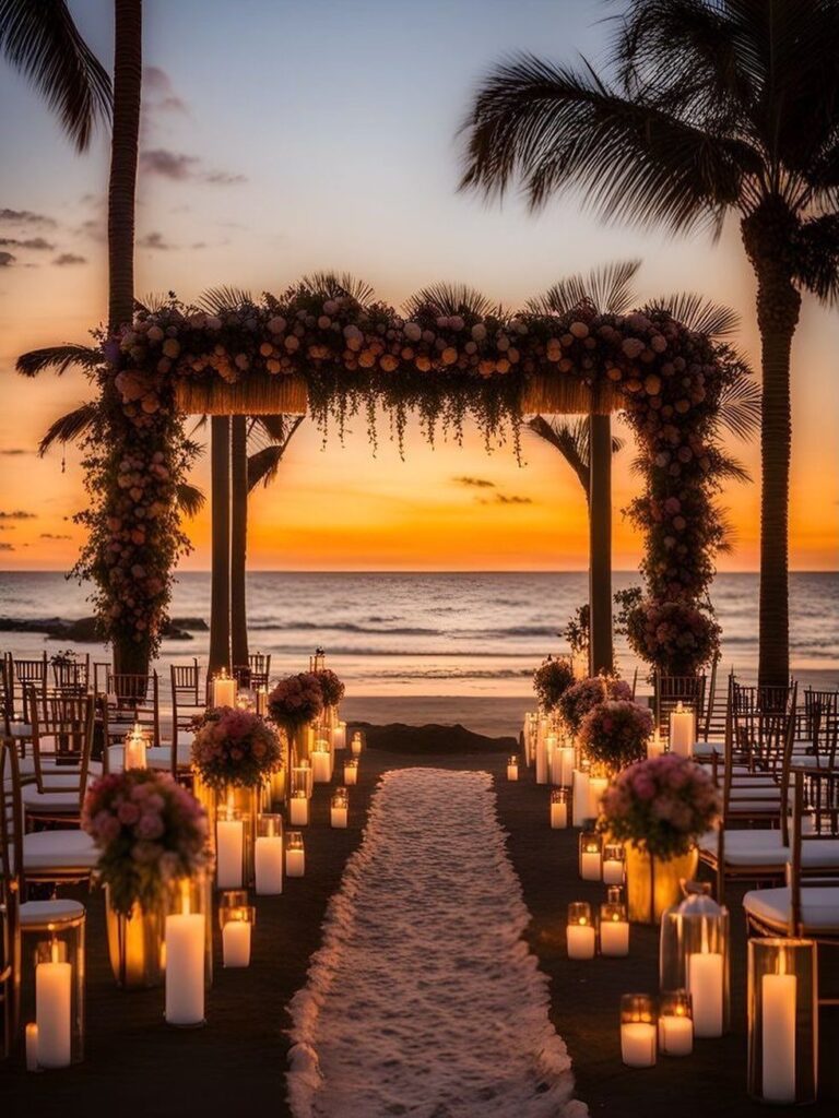Wedding ceremony setup on a sandy beach with floral arch and candles at sunset