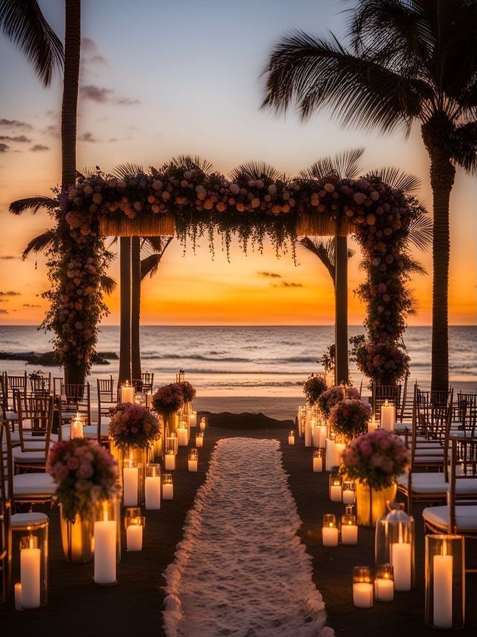 Wedding ceremony setup on a sandy beach with floral arch and candles at sunset