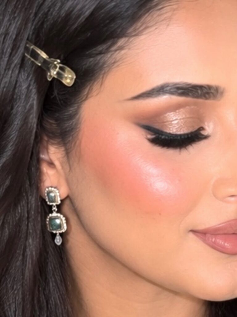 Woman with shimmering gold eyeshadow, winged eyeliner, and elegant jewelry for a wedding look.