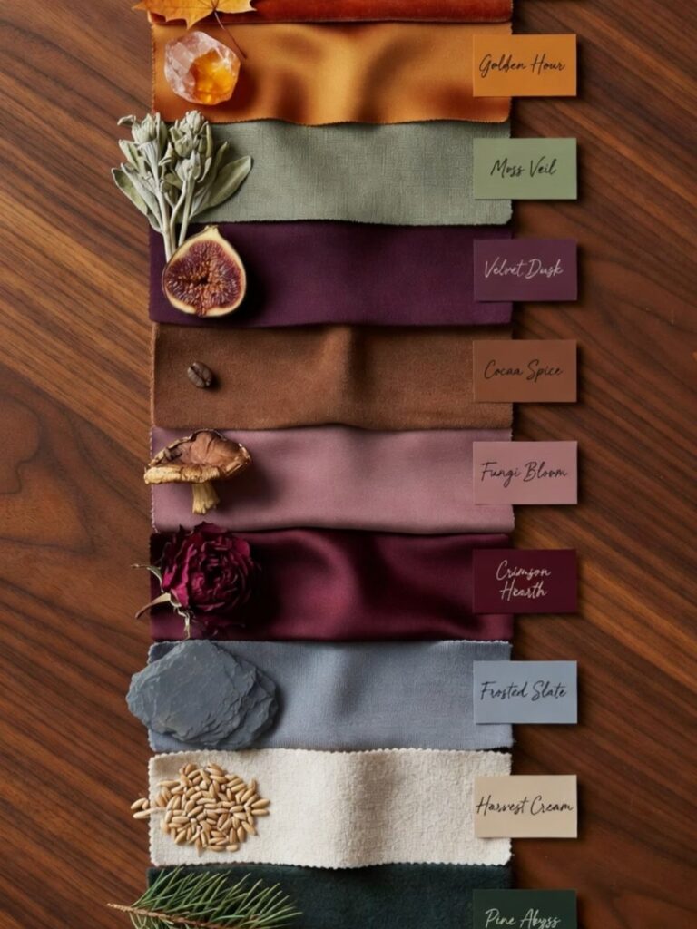 Fabric swatches in autumn colors with natural elements on a wooden background.