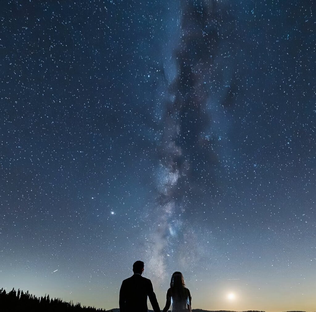 Silhouetted couple gazing at the Milky Way and stars in a night sky.